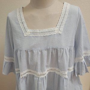 SIZE M KYE MI Blue & White Stripe Baby Doll Blouse INVPV14